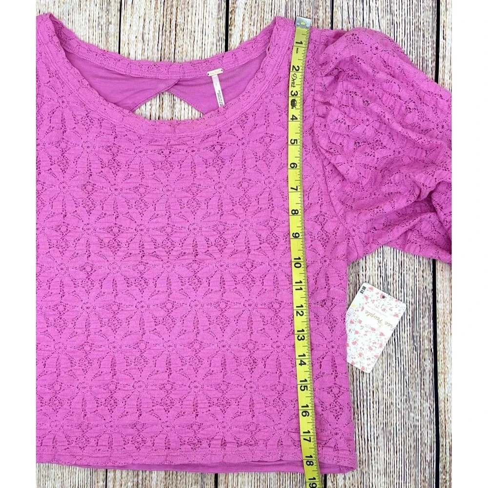 Free People Tea Time Blouse Size Large Pink Lace Open Back Puff Sleeve NWT